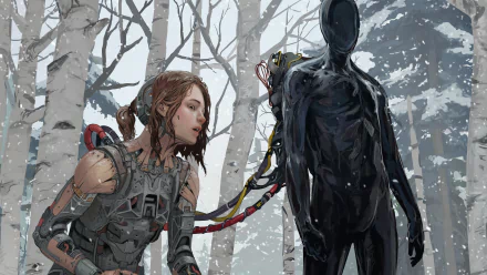 5K Ultra HD PC desktop wallpaper: sci-fi cyborg woman in a snowy birch forest, linked by exposed cables to a faceless, glossy humanoid figure.