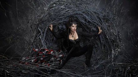 Lana Parrilla as the Evil Queen, Regina Mills, from Once Upon A Time, poses dramatically in a dark, twisted environment, embodying her fierce character in this HD wallpaper.
