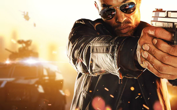 A dynamic HD wallpaper from Battlefield: Hardline, featuring a character in sunglasses, aiming a firearm, set against a dramatic background of vehicles and explosions.