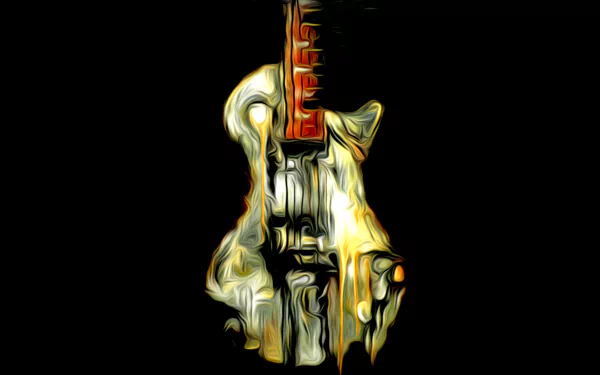 Oil painting style 8K Ultra HD wallpaper featuring a glowing abstract guitar against a black background, blending music and art in vibrant, dynamic strokes.