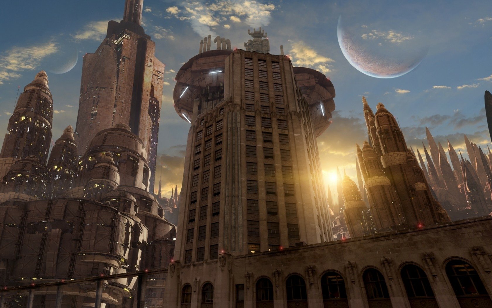 Futuristic sci-fi cityscape with towering buildings and a crescent moon, captured in high-definition as a PC desktop wallpaper and background.