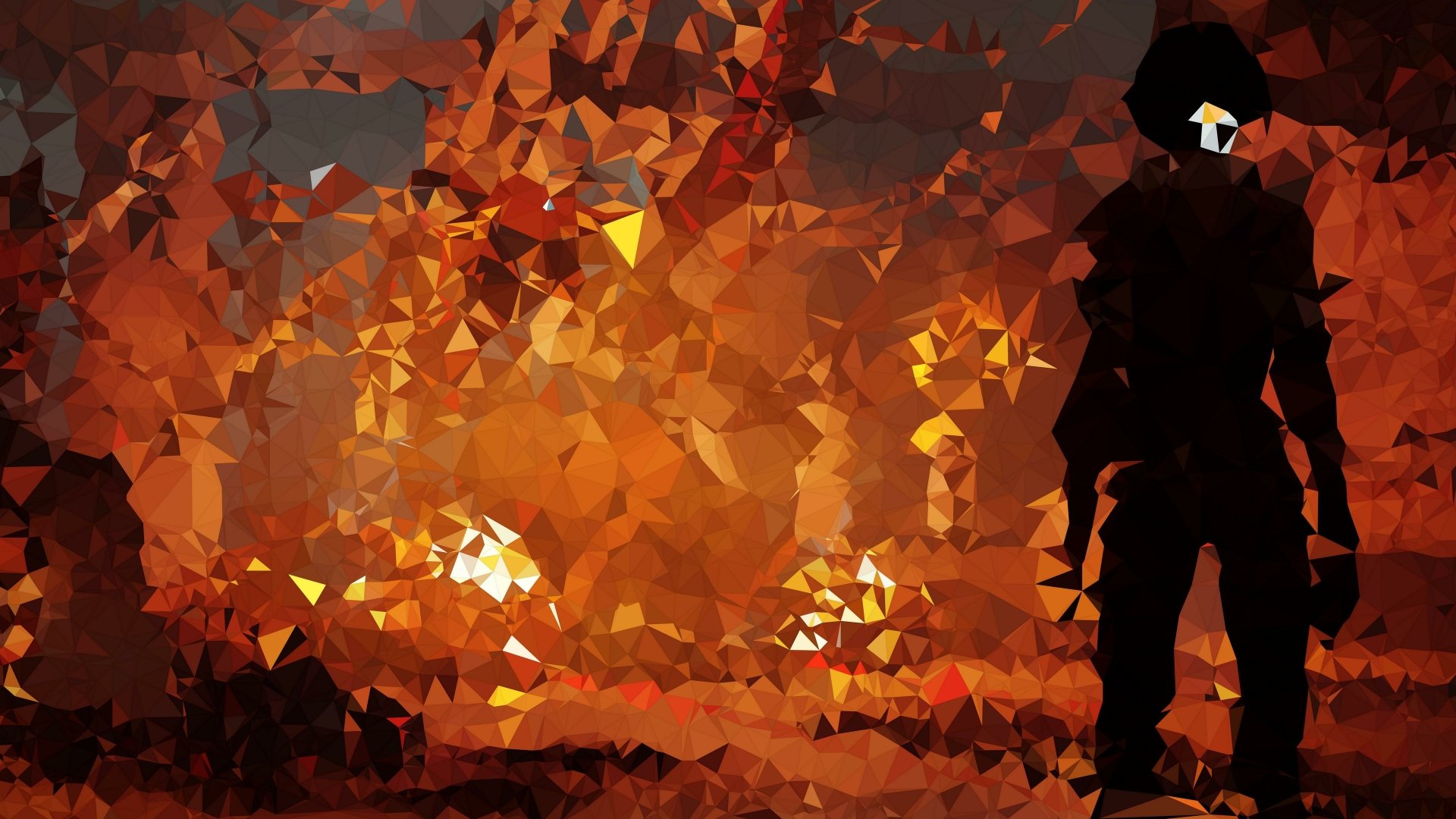 Abstract artistic 4K Ultra HD PC desktop wallpaper: faceted orange-amber polygonal landscape with a glowing core and a silhouetted hooded figure standing at right.