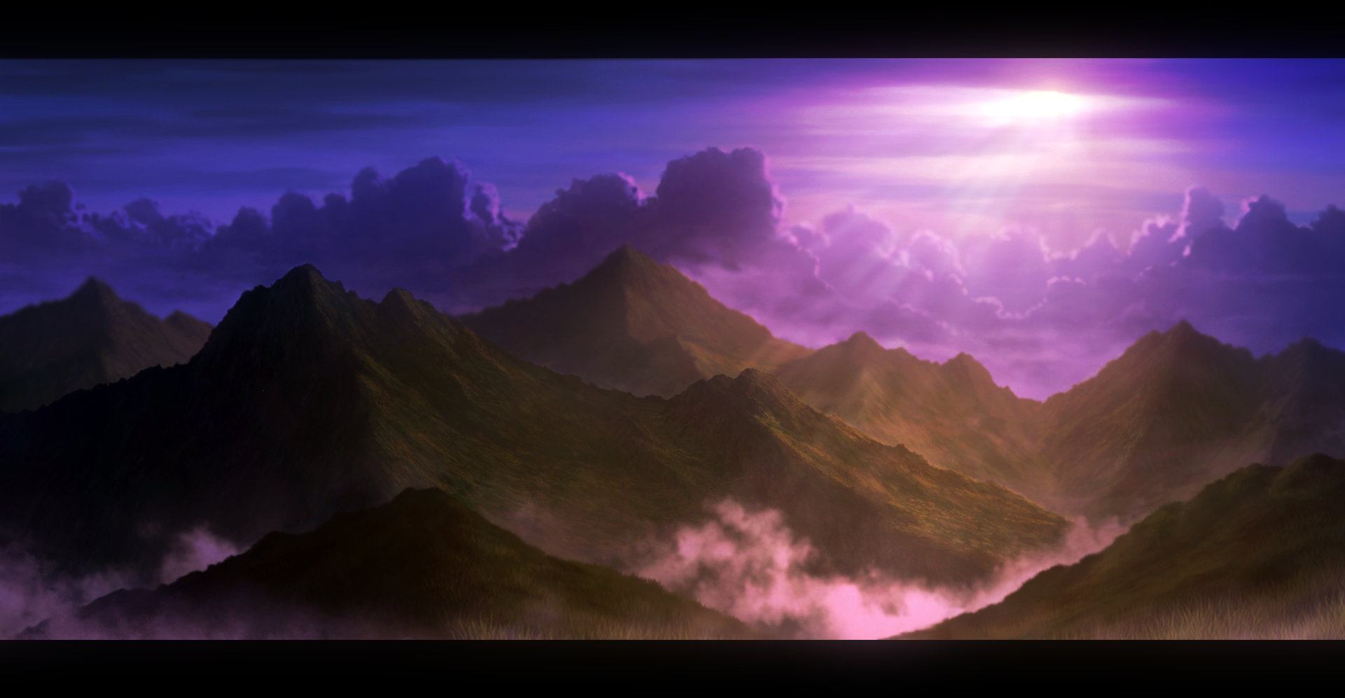HD fantasy landscape wallpaper featuring towering mountains beneath dramatic clouds bathed in ethereal purple light, creating a mystical and immersive atmosphere.