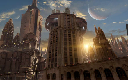 Futuristic sci-fi cityscape with towering buildings and a crescent moon, captured in high-definition as a PC desktop wallpaper and background.