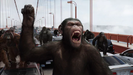 A powerful scene from Rise of the Planet of the Apes, featuring a group of apes, led by a fierce leader, on a crowded bridge, showcasing their uprising in a dramatic moment.