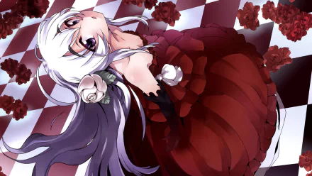 HD anime desktop wallpaper featuring Chaika from Chaika - The Coffin Princess- lying on a checkered floor surrounded by red roses, wearing a detailed red dress.
