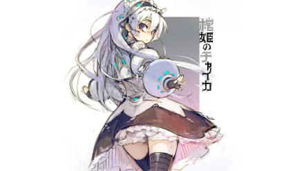 Anime HD PC desktop wallpaper of Chaika -The Coffin Princess-: white-haired girl in a frilly dress and thigh-high stockings, wielding a coffin-shaped cannon, glancing over her shoulder.