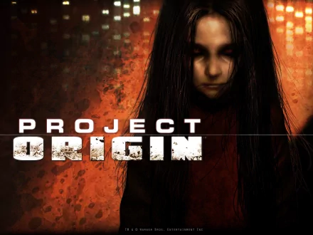 HD PC desktop wallpaper for video game F.E.A.R. 2: Project Origin — shadowy girl with long dark hair and haunting eyes over a blood-splattered orange background with the title.