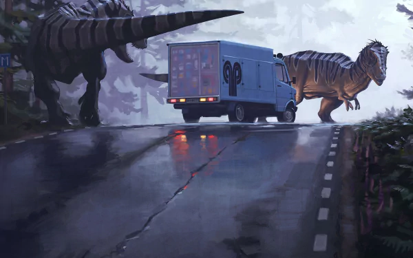 HD desktop wallpaper featuring a blue delivery truck on a foggy road being approached by two Tyrannosaurus Rexes in a forest setting.