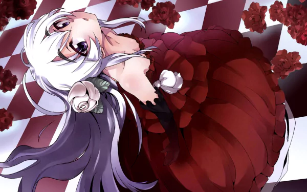 HD anime desktop wallpaper featuring Chaika from Chaika - The Coffin Princess- lying on a checkered floor surrounded by red roses, wearing a detailed red dress.