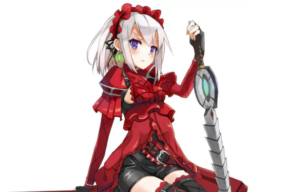 A character from Chaika -The Coffin Princess- sits confidently, wearing a red outfit with a belt, holding a sword, and donning a glove, featuring an anime art style.