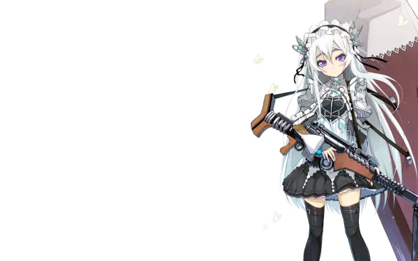 Anime-inspired HD desktop wallpaper featuring Chaika from Chaika - The Coffin Princess, showcasing her in a detailed outfit with a rifle, set against a minimalist background.