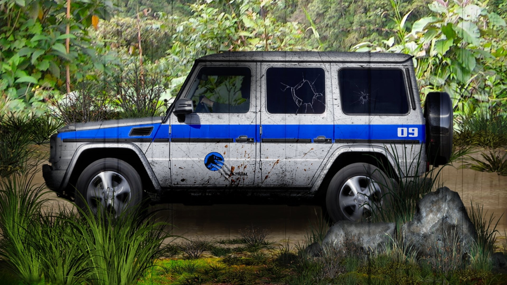 A rugged vehicle with a dinosaur-themed design is parked amidst a lush, green jungle, reflecting the adventurous spirit of Jurassic World in this HD desktop wallpaper.