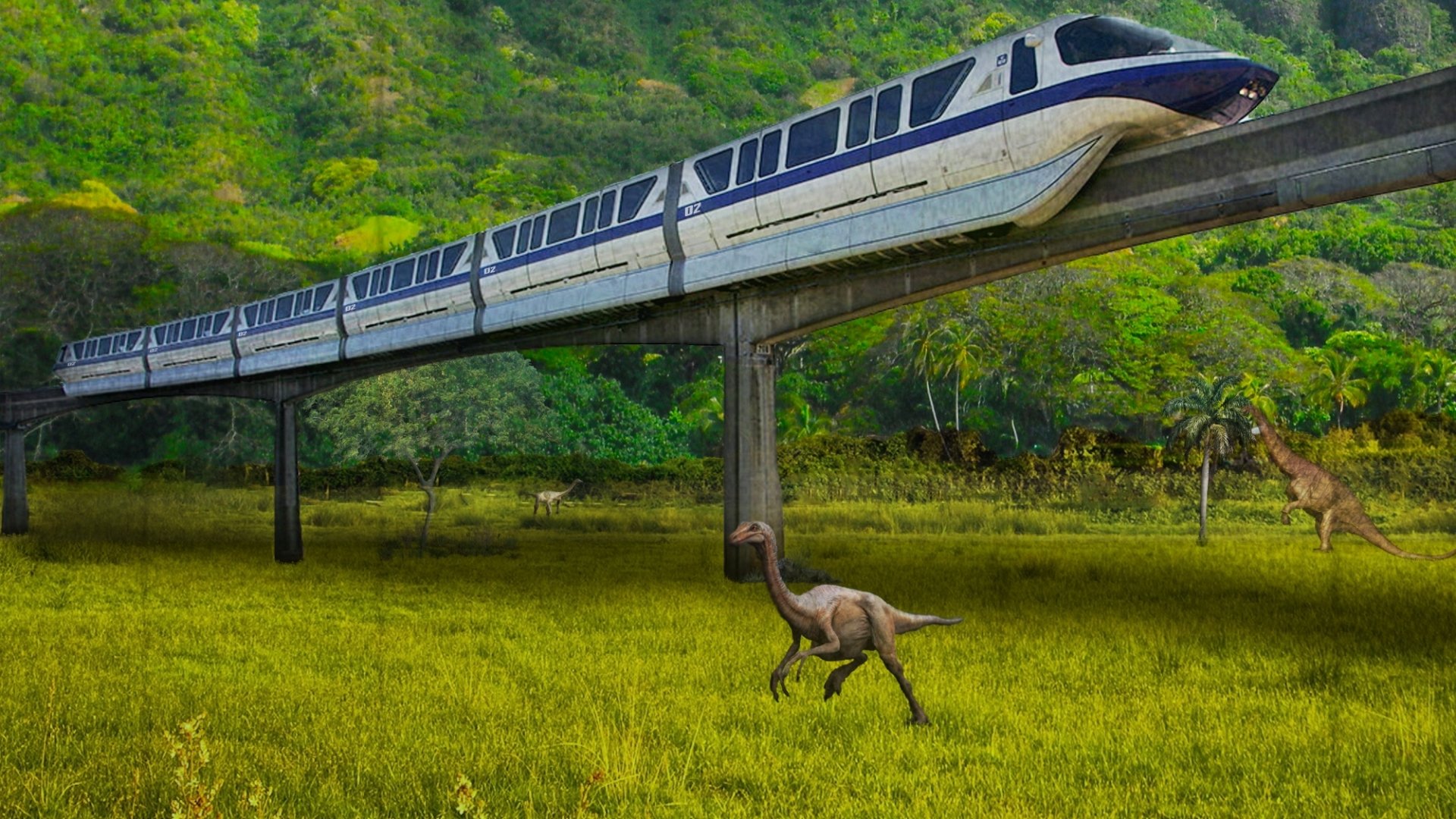 A stunning HD desktop wallpaper from Jurassic World, featuring a monorail traveling above lush greenery with dinosaurs in the foreground, capturing the adventure of the movie's prehistoric setting.