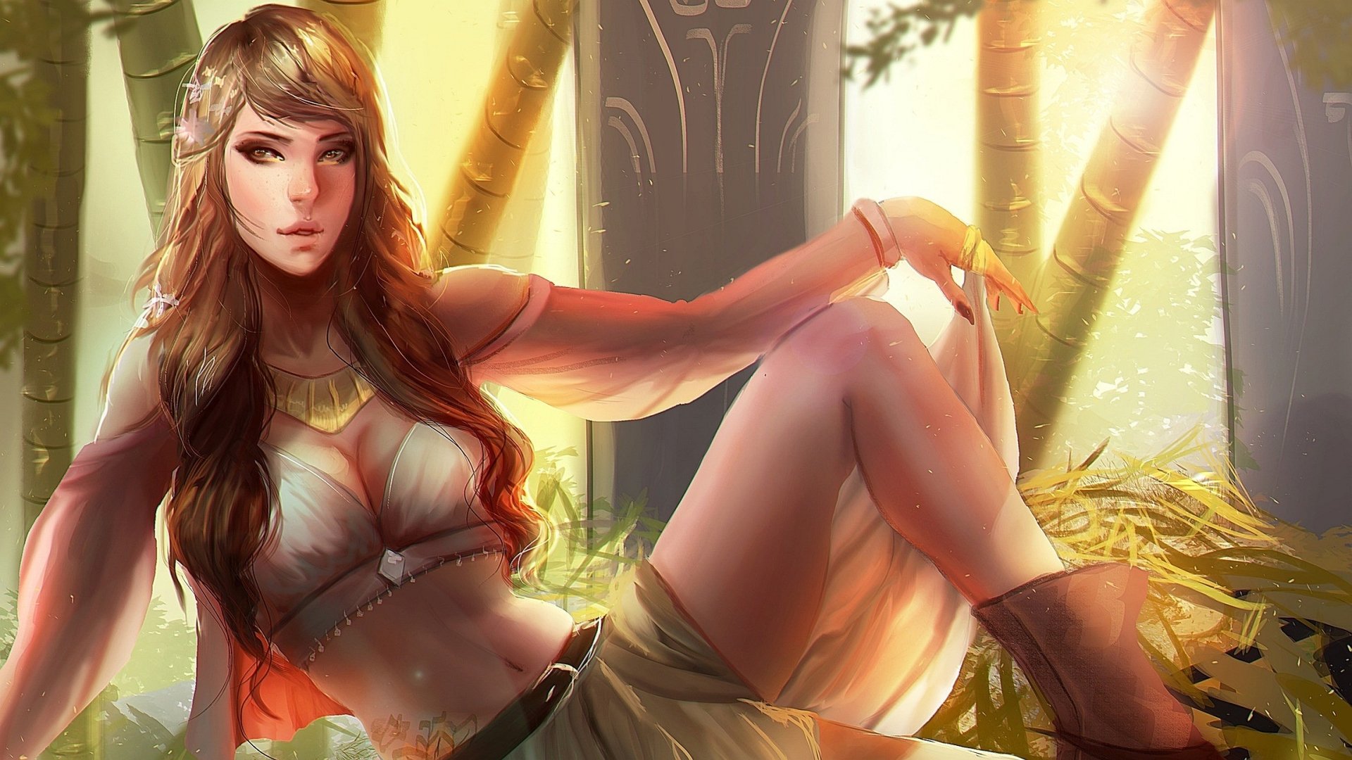 Fantasy woman in an HD PC desktop wallpaper: reclining by a carved stone pillar in a sunlit forest, long flowing hair, bohemian leather-and-cloth outfit, bathed in warm golden light.