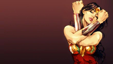 HD desktop wallpaper featuring Wonder Woman from DC Comics, striking a powerful pose with her iconic bracelets and costume against a rich, warm background.