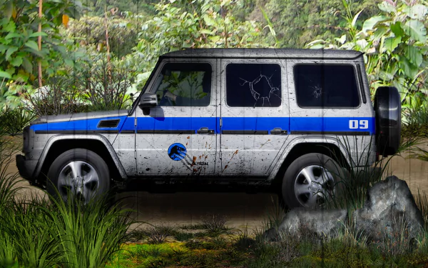 A rugged vehicle with a dinosaur-themed design is parked amidst a lush, green jungle, reflecting the adventurous spirit of Jurassic World in this HD desktop wallpaper.