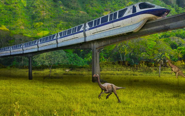 A stunning HD desktop wallpaper from Jurassic World, featuring a monorail traveling above lush greenery with dinosaurs in the foreground, capturing the adventure of the movie's prehistoric setting.