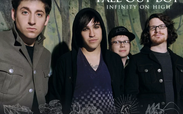 HD PC desktop wallpaper featuring the band Fall Out Boy with Infinity On High album title in the background, highlighting the music group’s members.