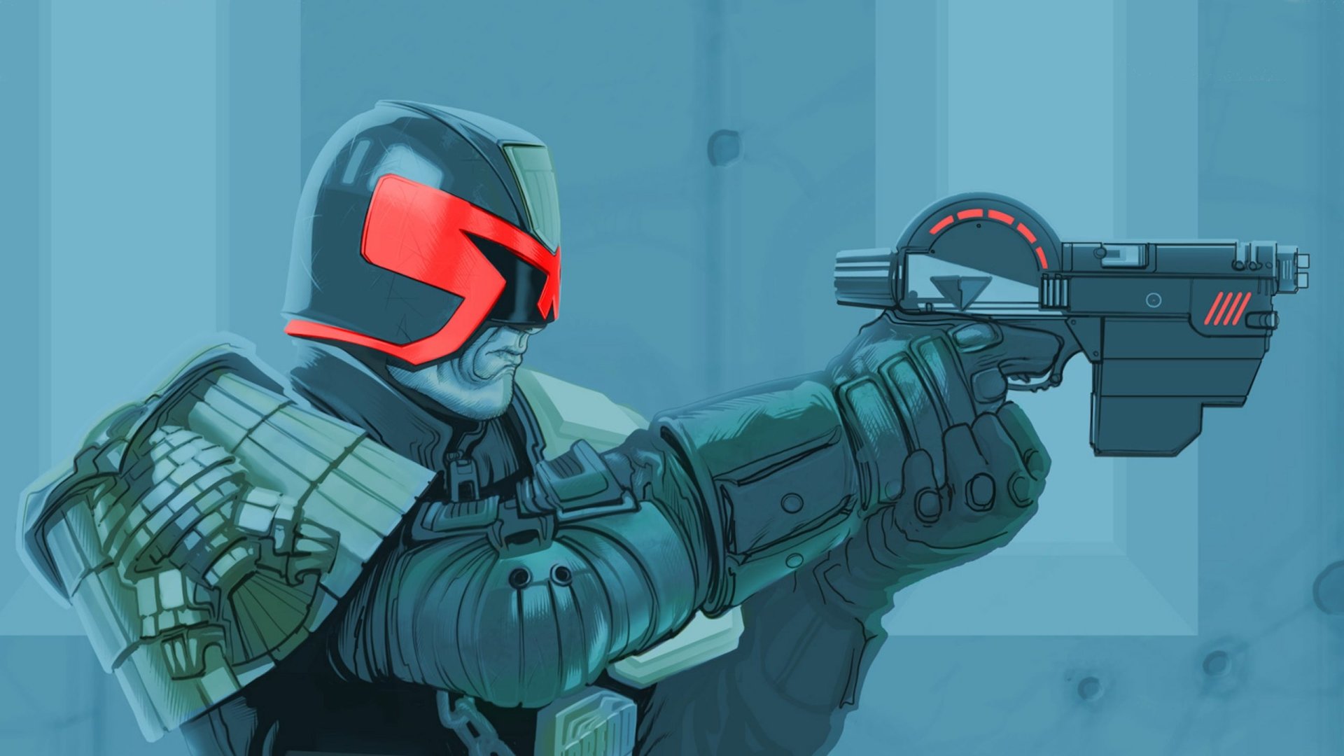 Comic-style Judge Dredd in armored helmet with red visor aiming a futuristic pistol against a teal industrial backdrop — 2K Quad HD PC desktop wallpaper/background.