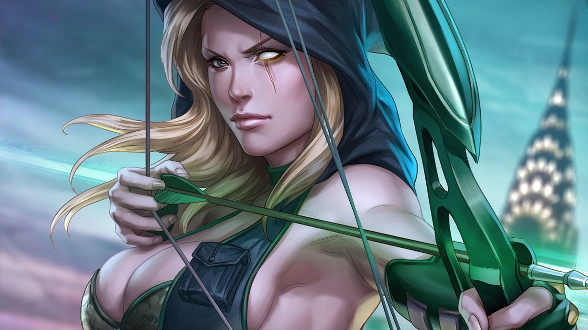 HD PC desktop wallpaper featuring Robyn Hood from a comic, poised with a bow and arrow, set against a blurred urban night background.