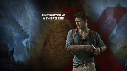 HD desktop wallpaper featuring a character from Uncharted 4: A Thief's End, set against a dramatic backdrop of rugged cliffs and a mysterious landscape.