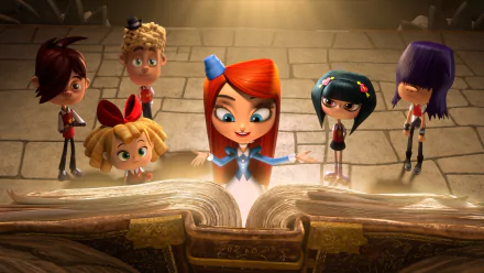 HD PC desktop wallpaper featuring animated characters from the movie The Book of Life gathered around a glowing ancient book.