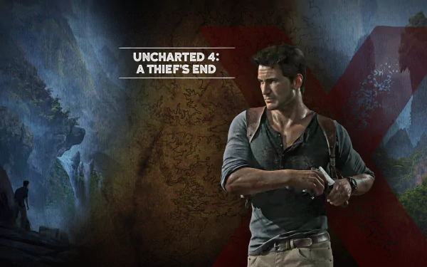 HD desktop wallpaper featuring a character from Uncharted 4: A Thief's End, set against a dramatic backdrop of rugged cliffs and a mysterious landscape.