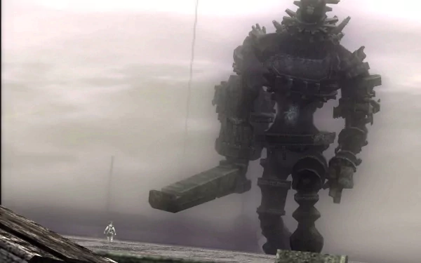 HD wallpaper from the video game Shadow of the Colossus featuring a colossal giant wielding a sword, with a small figure standing in the foreground amidst a foggy landscape.