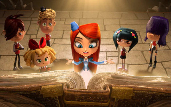HD PC desktop wallpaper featuring animated characters from the movie The Book of Life gathered around a glowing ancient book.