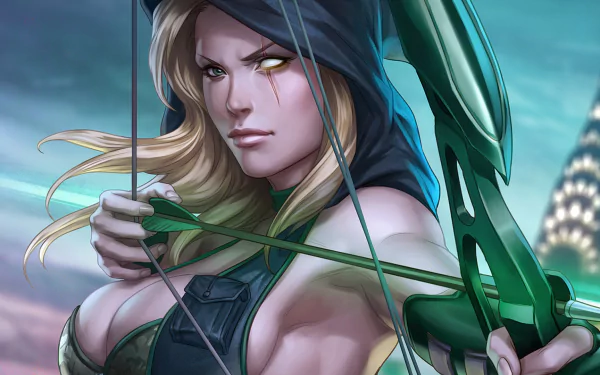 HD PC desktop wallpaper featuring Robyn Hood from a comic, poised with a bow and arrow, set against a blurred urban night background.