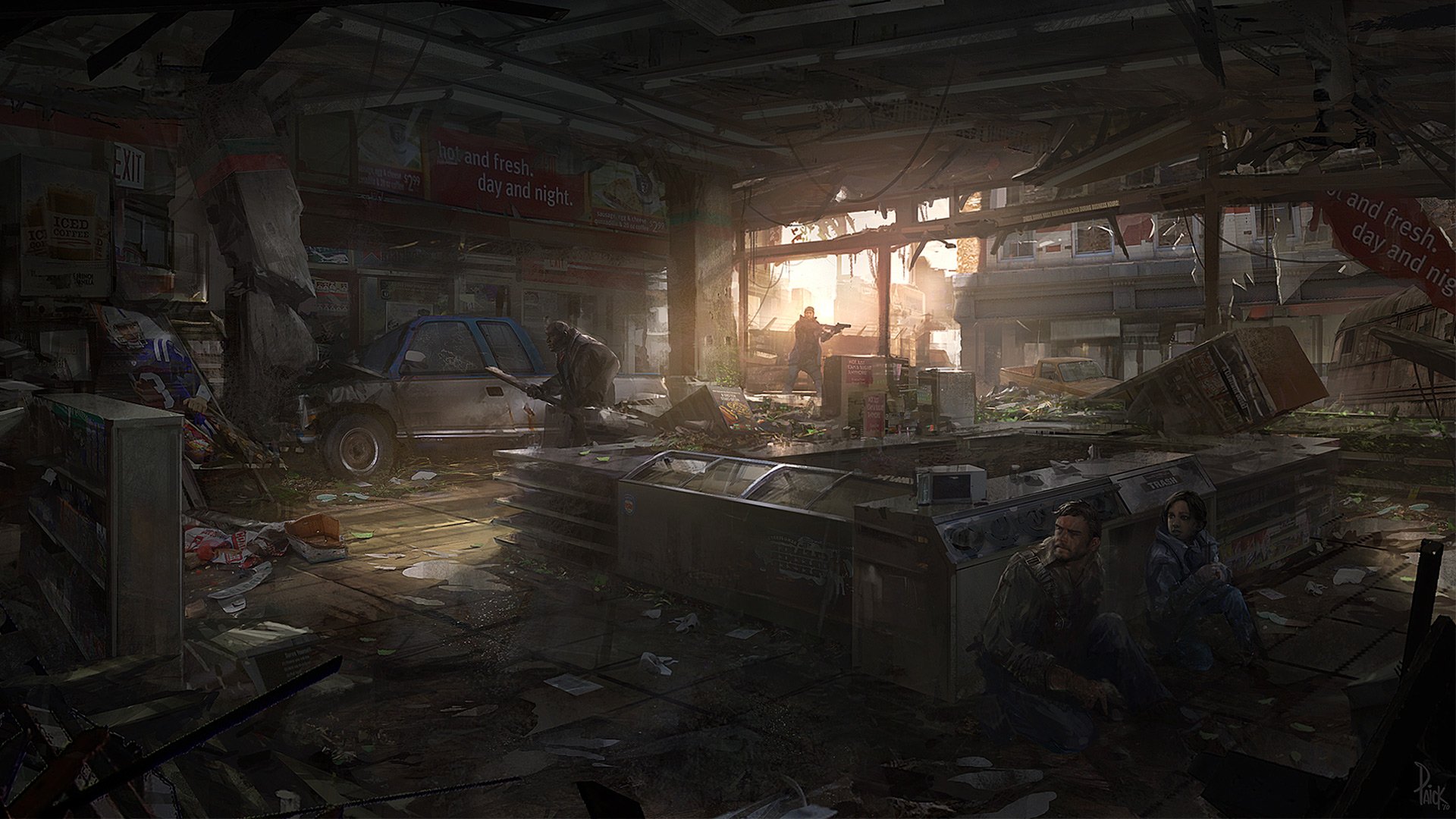 A detailed HD wallpaper from The Last Of Us, showcasing a post-apocalyptic setting with sunlight filtering through debris in a desolate environment, featuring characters amidst scattered remnants.