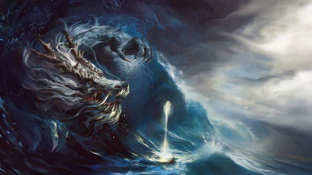 A majestic dragon emerges from turbulent waves, surrounded by dramatic clouds and a mystical atmosphere, creating an enchanting fantasy scene for a captivating HD desktop wallpaper.