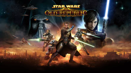 HD PC desktop wallpaper featuring key characters and iconic imagery from the video game Star Wars: The Old Republic, set against a dramatic galactic backdrop.
