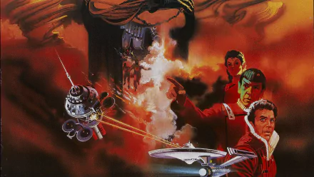 HD PC desktop wallpaper featuring a dramatic scene from the movie Star Trek II: The Wrath of Khan with key characters and spacecraft in intense action.