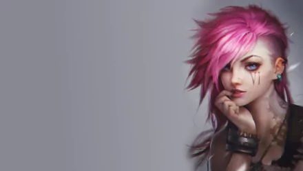HD desktop wallpaper featuring Vi from League of Legends, set against a muted background, highlighting her pink hair and tattooed arms, from the Piltover & Zaun region.