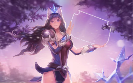 HD PC desktop wallpaper featuring Sivir, a character from the video game League of Legends, set against a mystical purple-hued background with glowing crystalline elements.