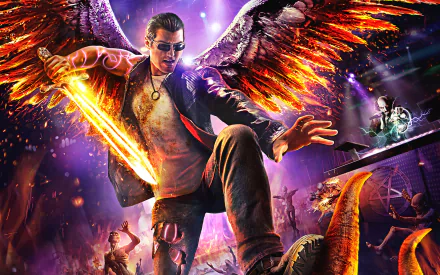 Dynamic HD wallpaper from the video game Saints Row: Gat Out Of Hell, featuring a character with fiery wings wielding a sword amidst a vibrant, chaotic backdrop.