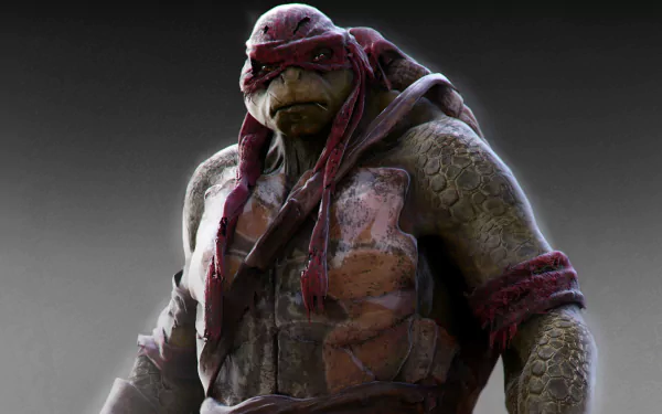 2K Quad HD PC wallpaper: Raphael from the 2014 Teenage Mutant Ninja Turtles film—scarred, muscular turtle wearing a red bandana on a gray backdrop.