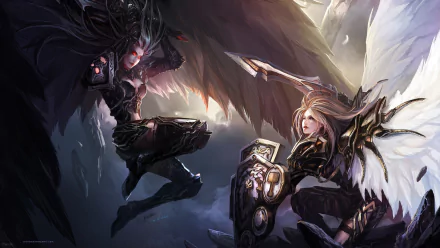High-definition wallpaper featuring epic warriors from World of Warcraft, showcasing a dramatic clash between characters adorned with intricate armor and powerful wings.