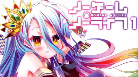 HD desktop wallpaper featuring Shiro from the anime No Game No Life. Shiro is depicted with long, flowing blue hair and vibrant eyes, set against a colorful background with the series' title in Japanese.