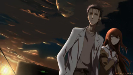 Rintaro Okabe and Kurisu Makise stand against a dramatic sky in this HD desktop wallpaper from the anime Steins;Gate, capturing the essence of their intriguing journey.