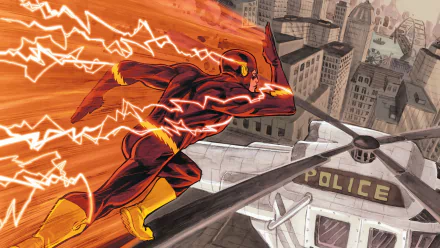A dynamic comic-style image of The Flash racing through a cityscape, with vibrant lightning effects, creating an engaging HD desktop wallpaper and background.