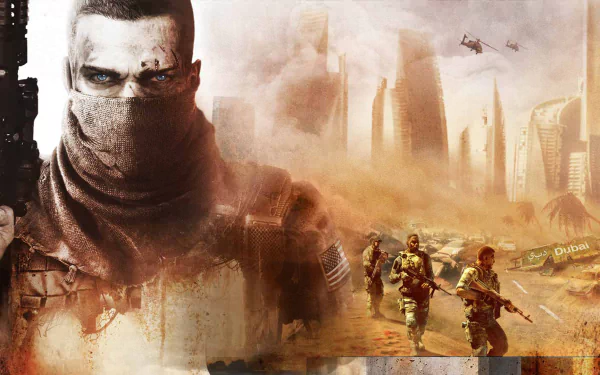 HD PC desktop wallpaper featuring a gritty, war-torn Dubai skyline and soldiers from the video game Spec Ops: The Line.