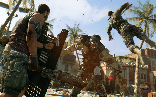 A dynamic scene from the video game Dying Light, featuring intense action as a character battles a towering enemy amidst a tropical backdrop. HD desktop wallpaper, vibrant and engaging.