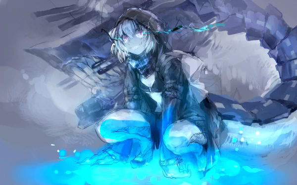 Anime-style HD PC desktop wallpaper featuring a character from Kantai Collection with a futuristic battleship re-class design, glowing blue accents, and dynamic atmospheric effects.