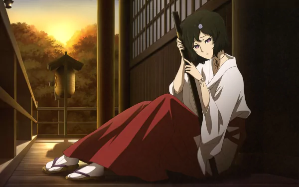 A serene scene from the anime Steins;Gate features a character in traditional attire, seated on a wooden porch with a sunset backdrop, set in rich, vibrant 4K Ultra HD quality.