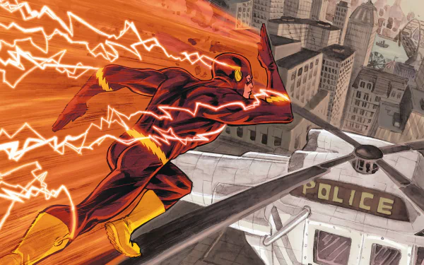 A dynamic comic-style image of The Flash racing through a cityscape, with vibrant lightning effects, creating an engaging HD desktop wallpaper and background.