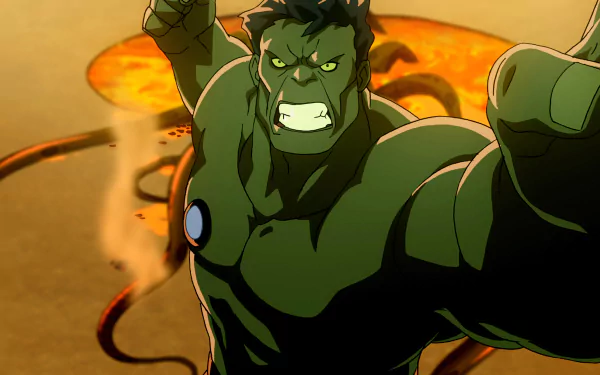 8K Ultra HD comic-style wallpaper featuring the Hulk in an action pose with a fiery background, designed for PC desktop display.