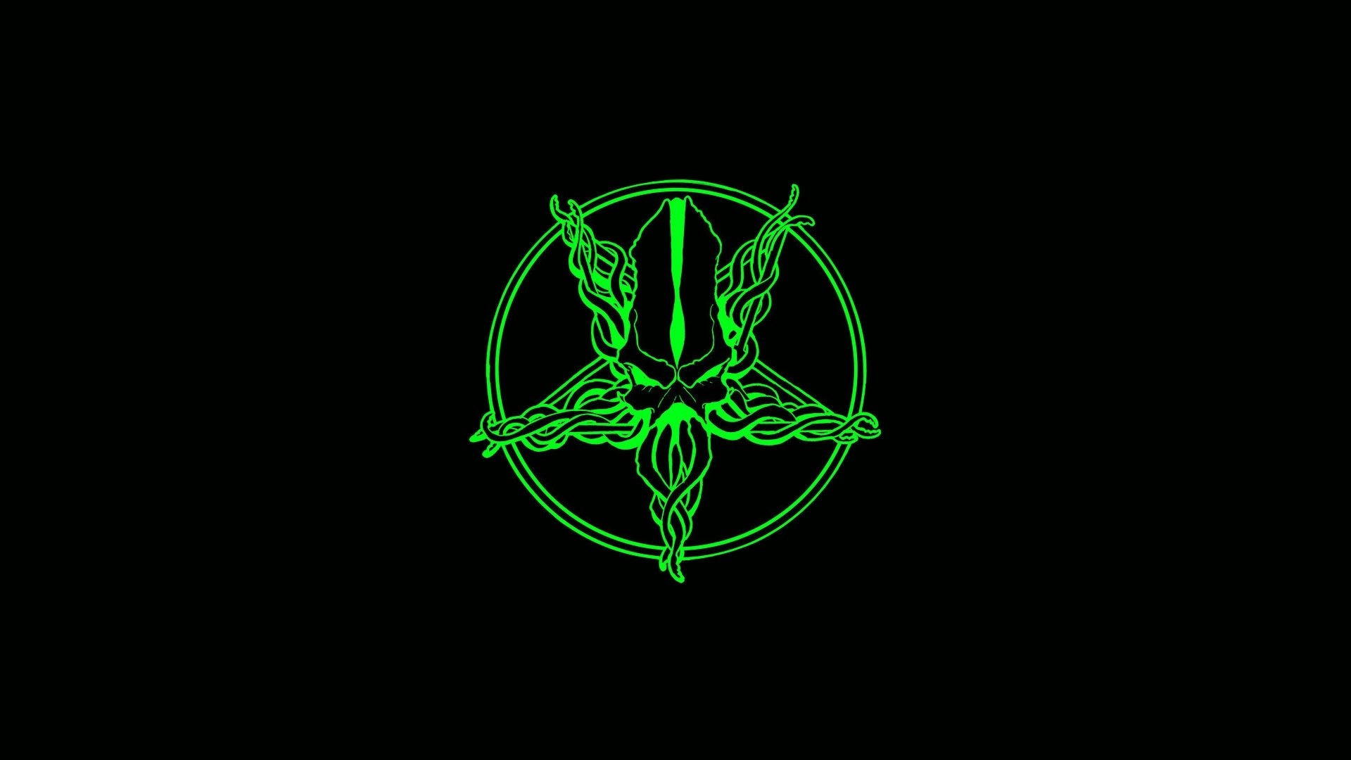 HD PC desktop wallpaper featuring a neon green, stylized Cthulhu emblem with tentacles and horns, set against a solid black fantasy-themed background.